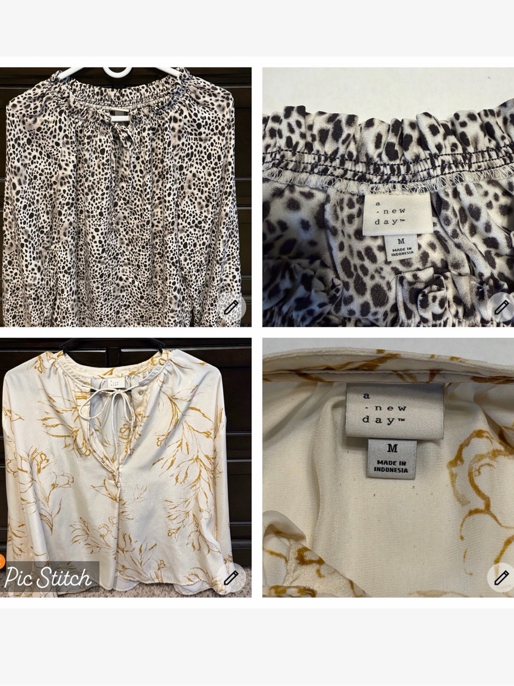 Two Peasant Blouses: Gold Floral Print and Leopard Print Medium